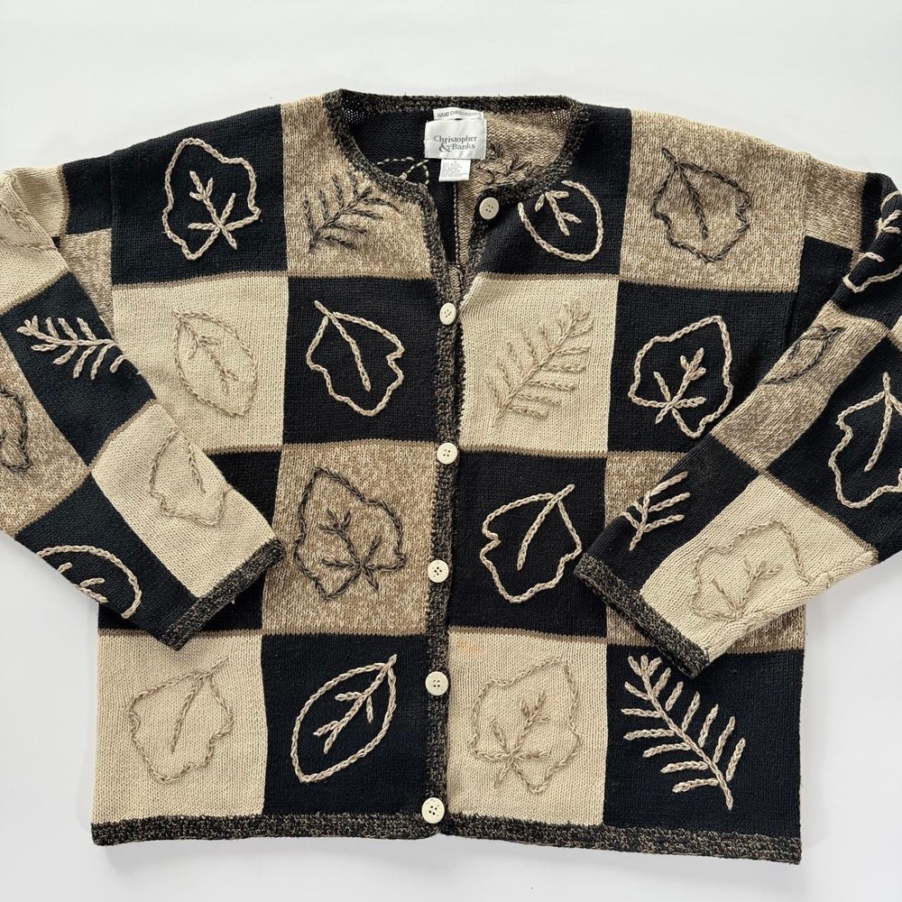 Christopher & Banks Women's Hand Embroidered Leaf Cardigan Black Tan